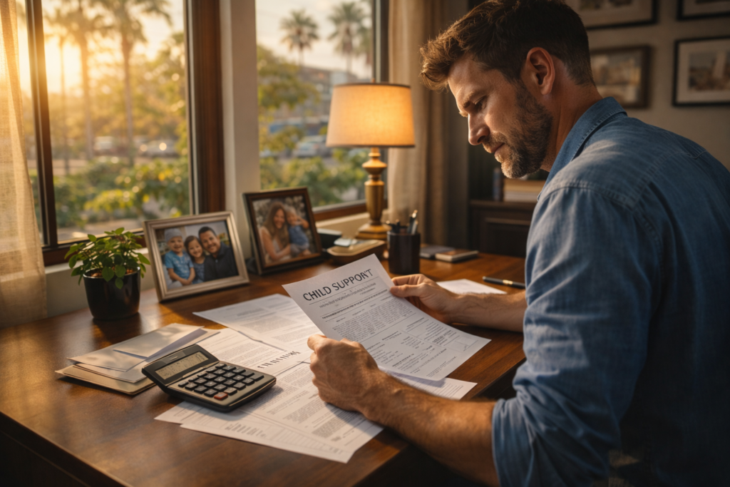 A Texas parent is seated at a home office desk, reviewing legal documents related to family law matters, with a calculator and family photos nearby. This scene reflects the importance of understanding legal costs and fee structures, such as flat fee arrangements or hourly billing, in navigating the legal process of child support and custody issues.