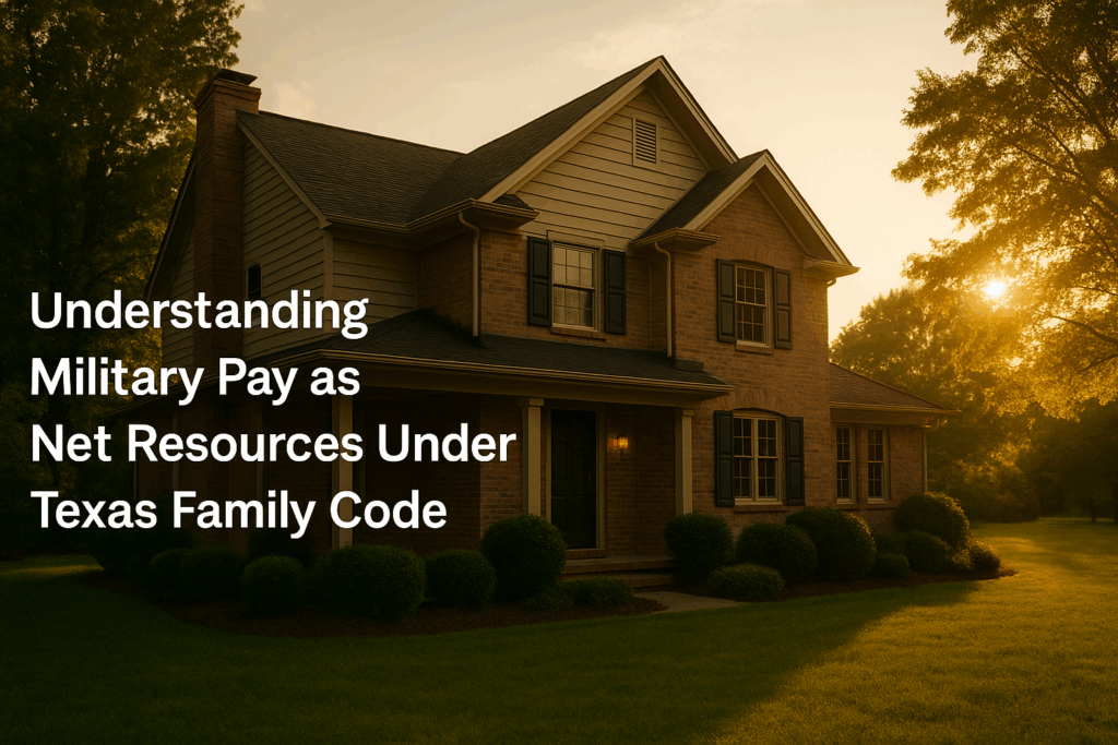 A wide-angle, cinematic summer photograph of a two-story suburban house at sunset, surrounded by lush green lawn and trees, with soft golden light creating a warm, peaceful atmosphere. White text on the left reads “Understanding Military Pay as Net Resources Under Texas Family Code.”
