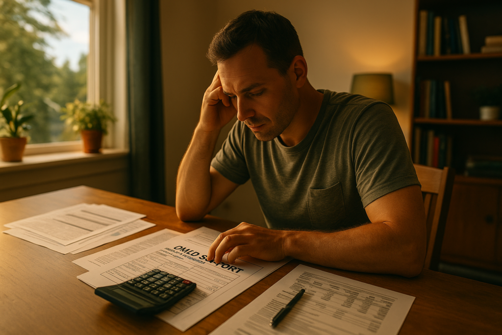 The image depicts a parent sitting at a desk, carefully reviewing financial documents and calculations related to child support payments. The scene reflects the importance of understanding child support laws and obligations in Texas, as the parent assesses their monthly net income and potential financial support for their children.