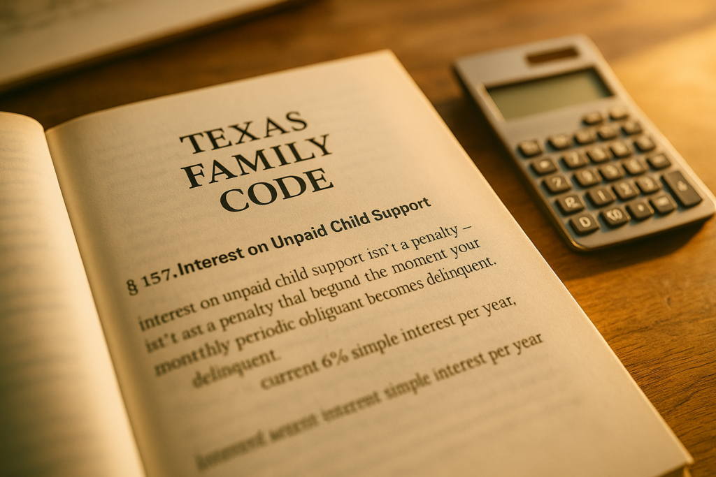 An open Texas Family Code book lies on a wooden desk in warm summer sunlight, showing the section on interest for unpaid child support beside a calculator, symbolizing how Texas law applies interest to delinquent payments.