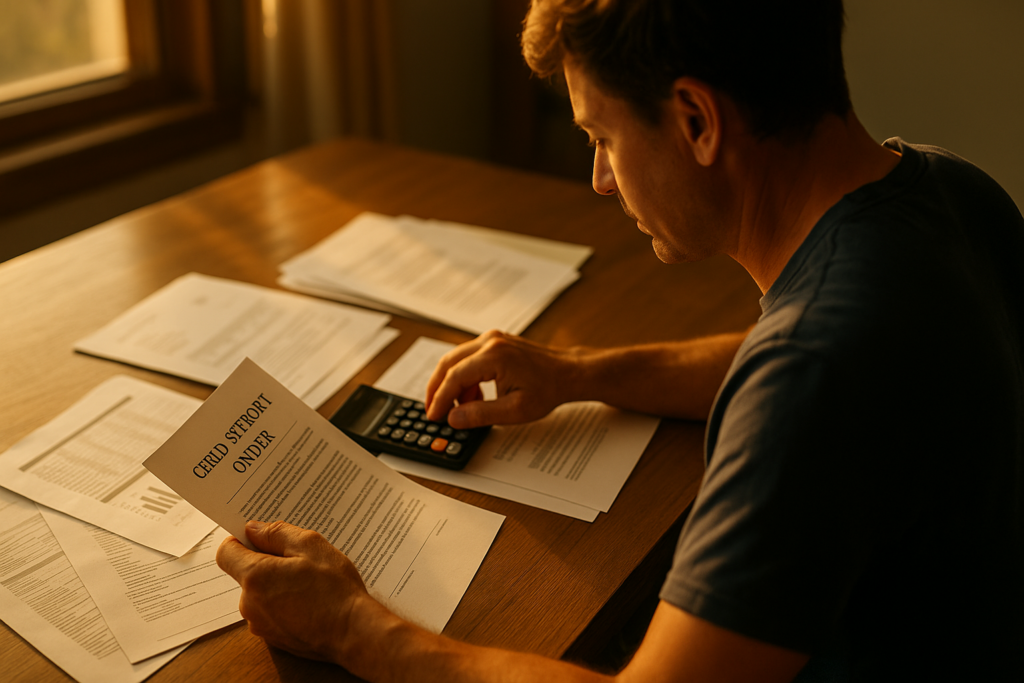 The image shows a parent sitting at a desk, intently reviewing legal documents alongside a calculator and various financial statements. This scene illustrates the legal process of assessing child support obligations, highlighting the importance of understanding existing child support orders and potential modifications under Texas law for the child's well-being.