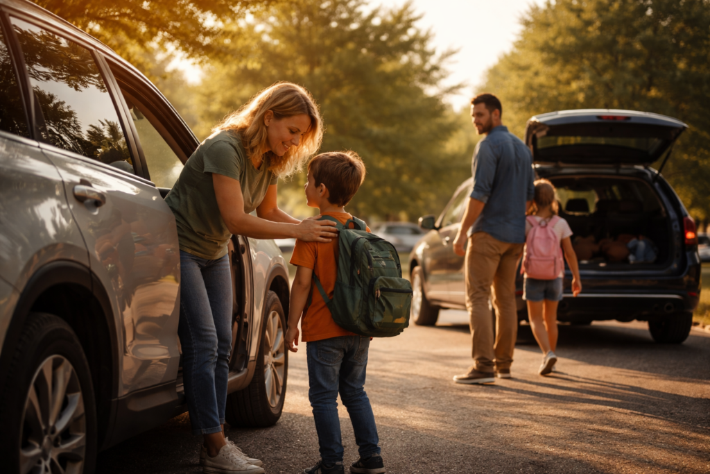 A parent gently helping a child during a custody exchange between divorced parents in a parking lot, symbolizing transition and stability during divorce.