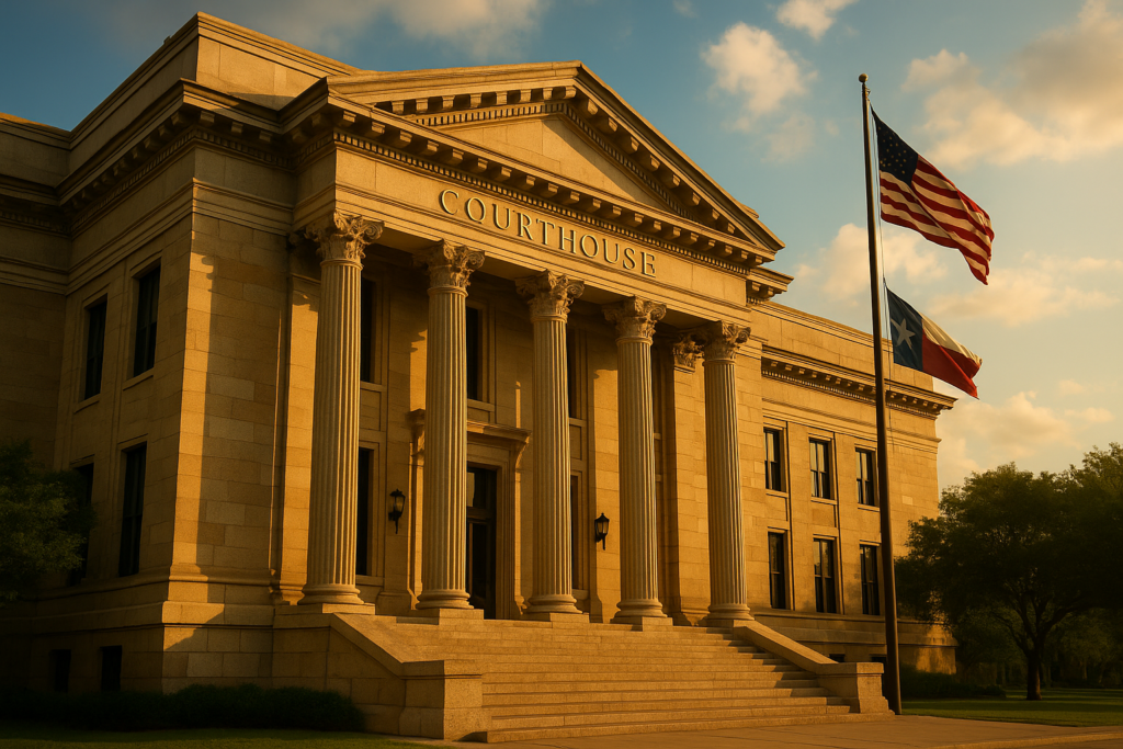 The image depicts a Texas courthouse, symbolizing the legal system that enforces child support obligations. It represents the importance of meeting child support payments as mandated by court orders, highlighting the serious consequences of unpaid child support in Texas.