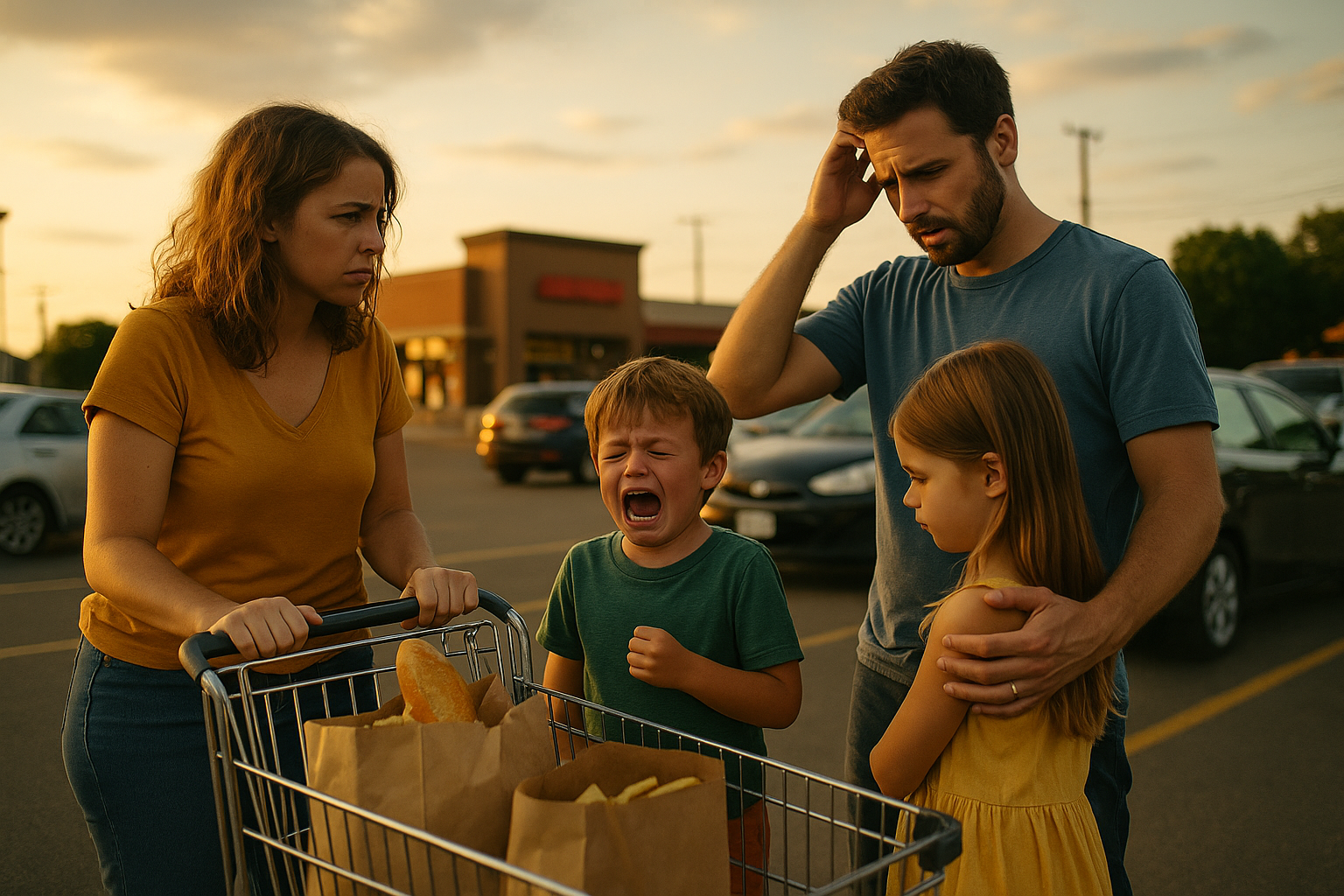 A stressed Texas family standing in a grocery store parking lot during summer, managing kids and groceries—reflecting the real-life challenges that make understanding the Updated Guideline Texas Child Support Caps essential.