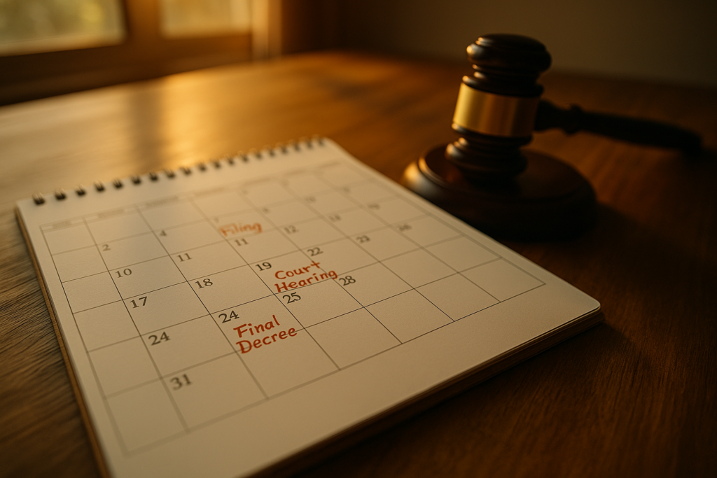 The image features a calendar with important legal dates marked, alongside a gavel,. This visual representation highlights key moments 