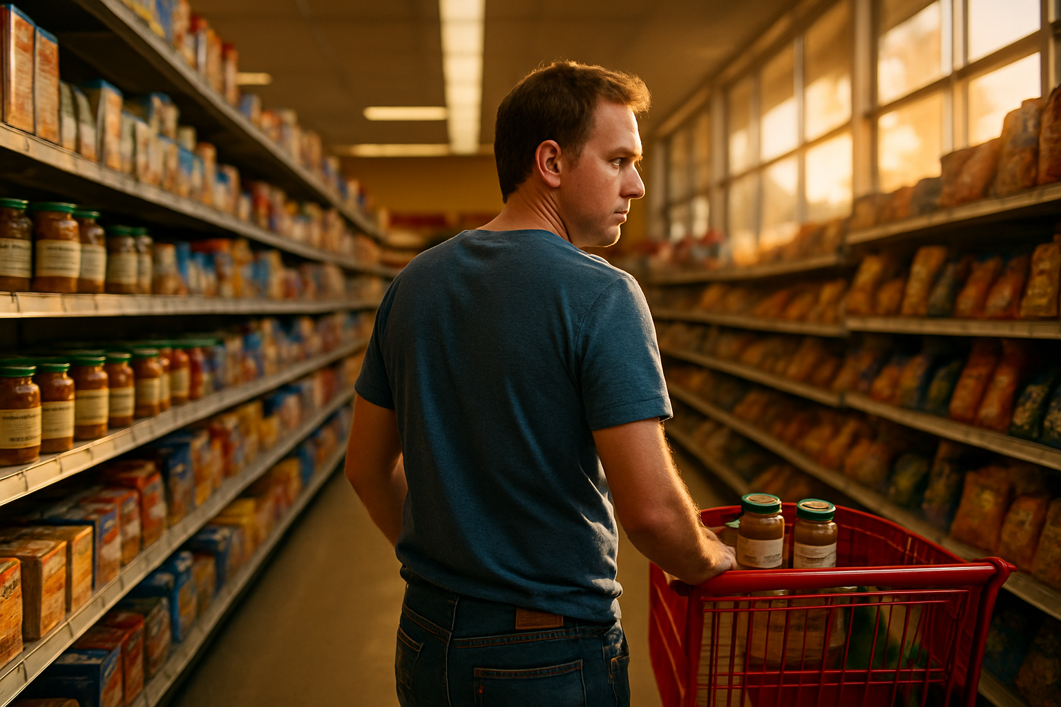 A man standing in a grocery store aisle looking stressed while comparing two items, symbolizing the everyday pressure and confusion parents feel during Texas child support disputes.
