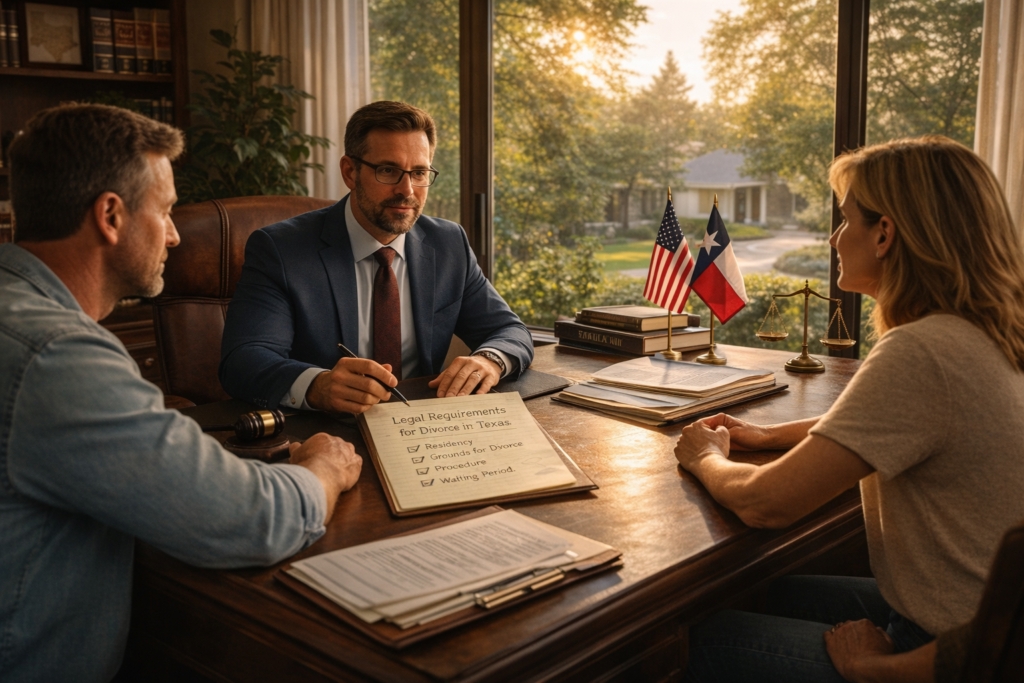A couple meets with a Texas divorce attorney in a professional office, reviewing legal requirements for divorce in Texas.