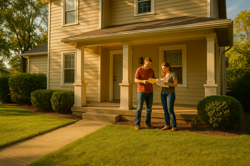 A couple stands on the front porch of their home on a sunny summer day, reviewing divorce paperwork together, symbolizing cooperation during an uncontested divorce in Texas.