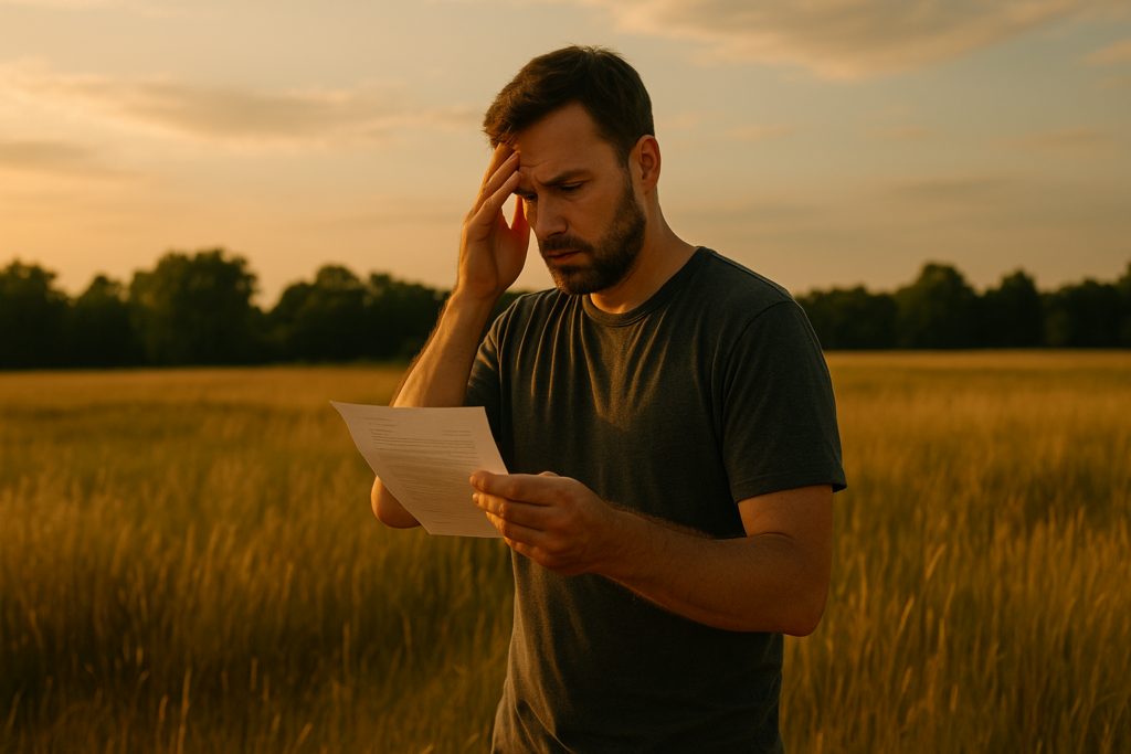 A worried man standing in a sunlit Texas field at sunset, holding a financial document and touching his forehead, symbolizing the stress of proving financial hardship in a child support case.