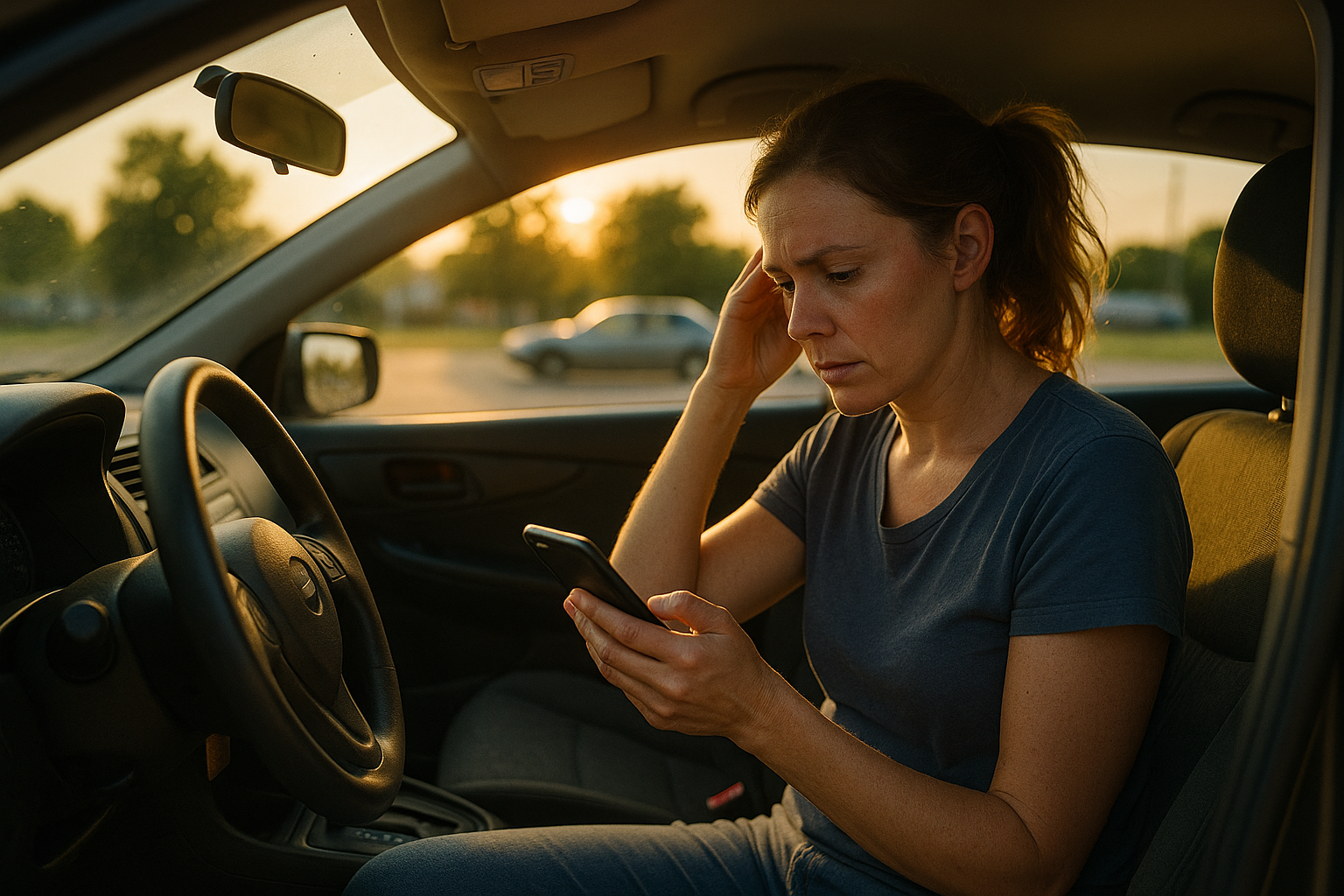 A woman sitting in her car at sunset, looking stressed while reading a text message about unexpected expenses, symbolizing the real-life challenges that lead to child support adjustments in Texas.
