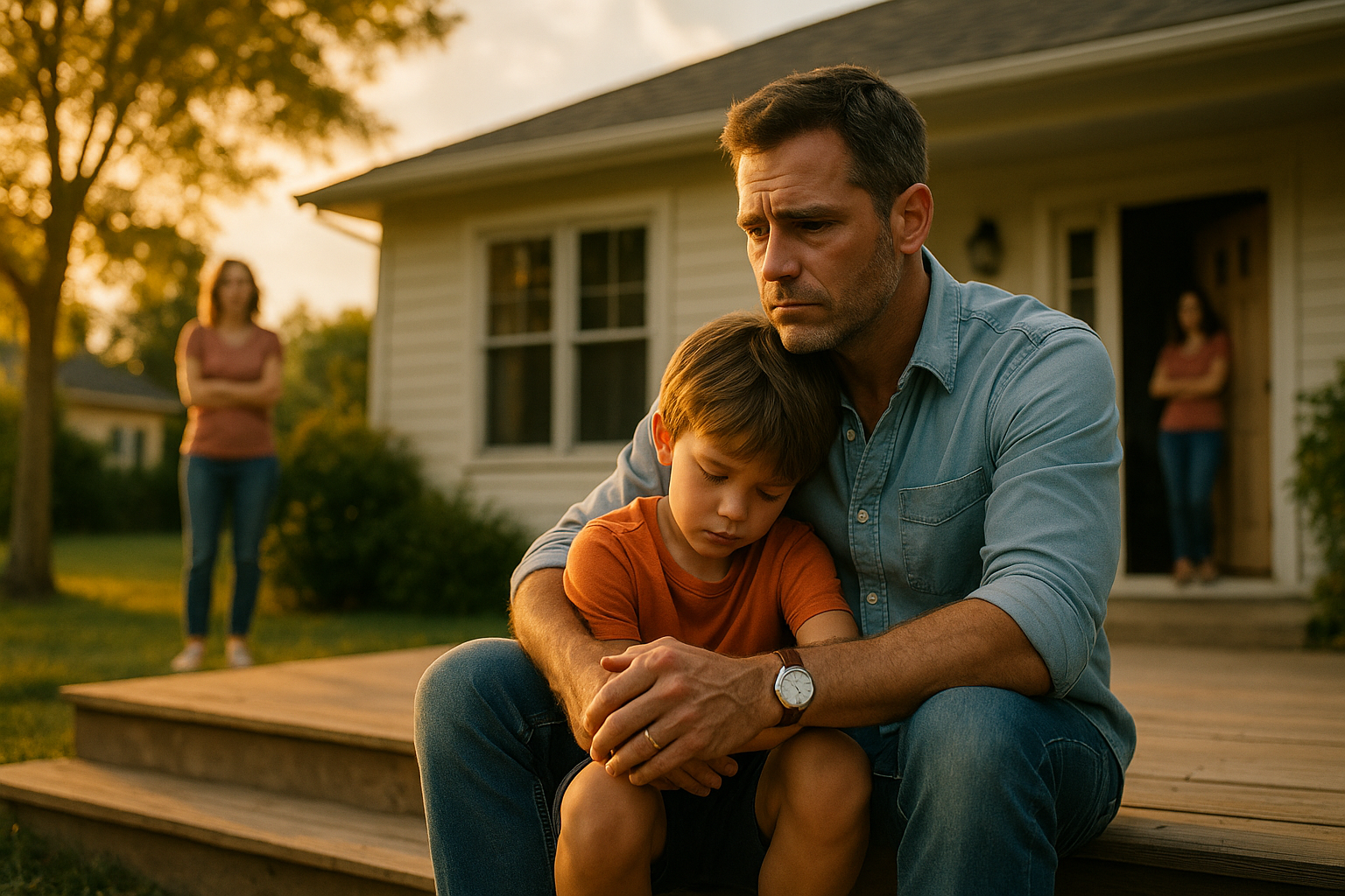 A father sitting on his front porch comforting his young son during a stressful moment, symbolizing the emotional challenges families face in Texas child support cases.