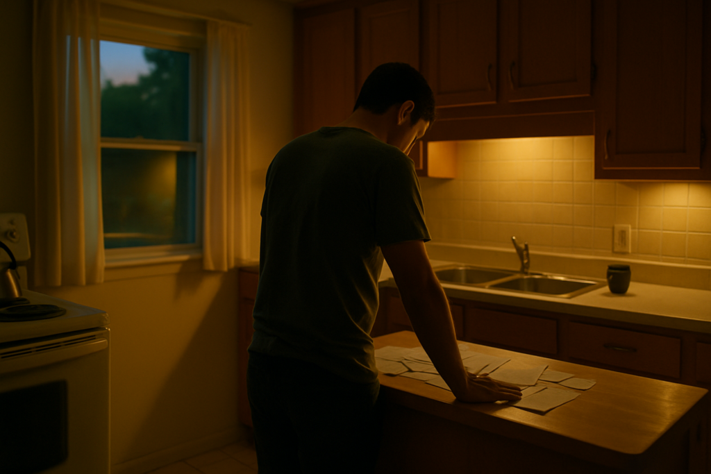 A worried parent standing alone in a dimly lit kitchen, looking down at a stack of bills, reflecting the stress of not being able to afford Texas child support payments.