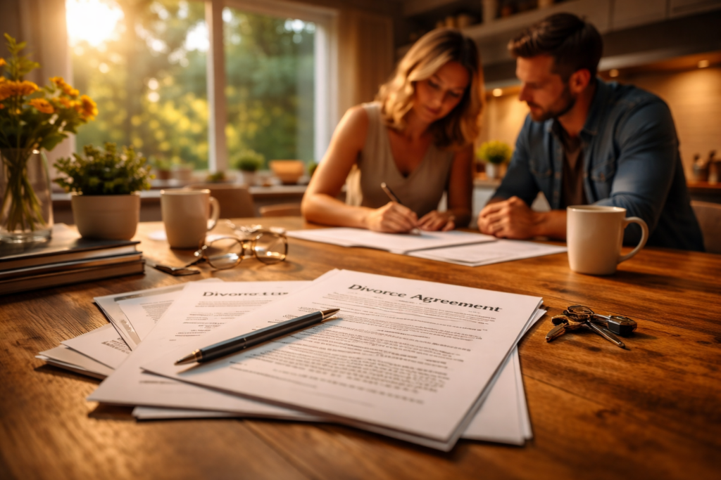 Couple sitting at a sunlit kitchen table reviewing and signing a divorce agreement together, symbolizing a calm and cooperative Texas divorce settlement process.