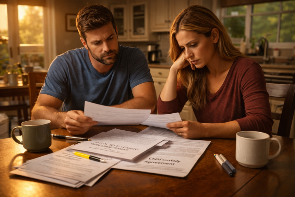 A Texas couple sits together at their dining table, reviewing legal documents related to their divorce, including a marital settlement agreement and child custody arrangements. The atmosphere is serious as they discuss responsibilities regarding community property and financial matters like child support and spousal support.