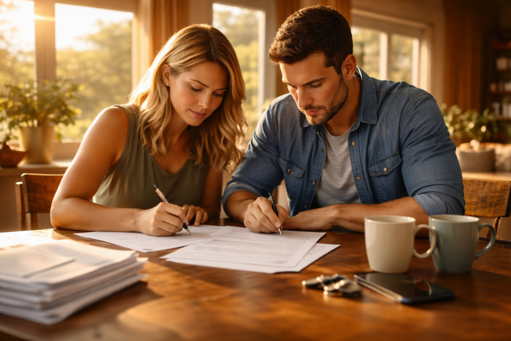 A couple calmly signing divorce settlement paperwork together at a table in a sunlit home, representing an amicable and structured divorce agreement.