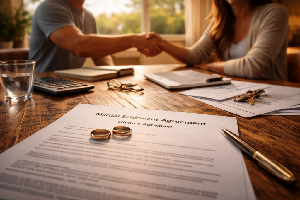 Wide-angle view of a couple shaking hands over a marital settlement agreement on a sunlit table with rings and documents