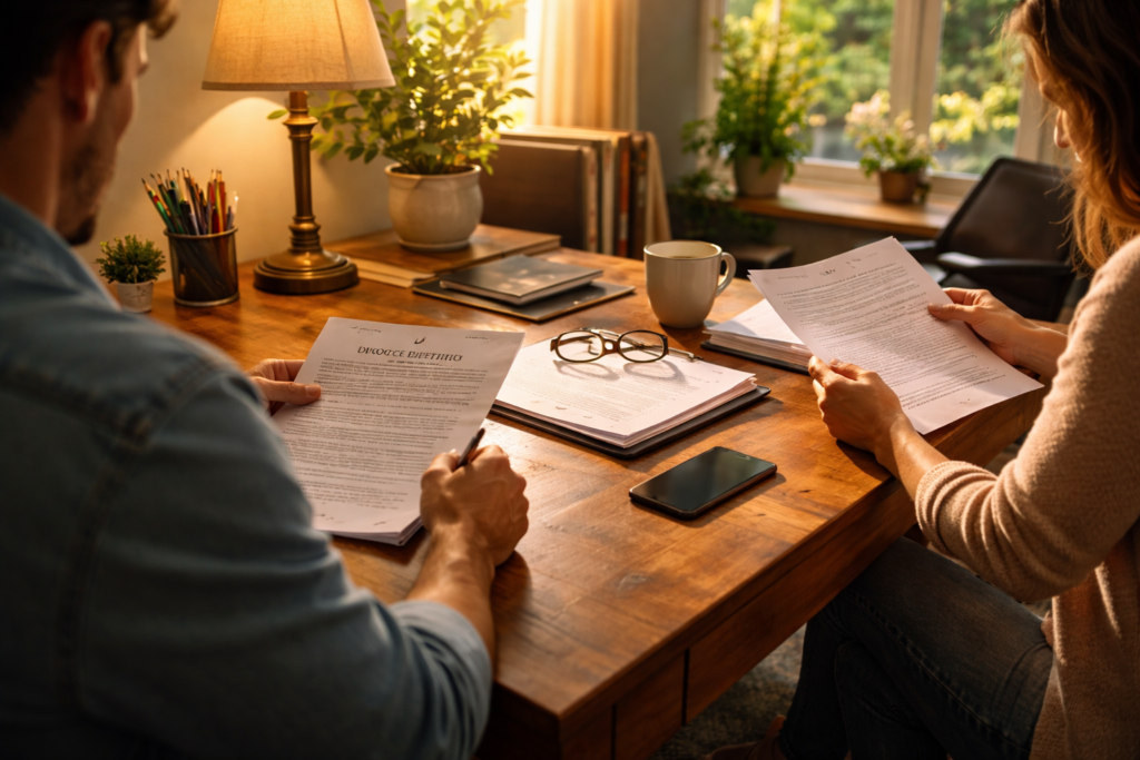 The image depicts a serene home office where two individuals are collaboratively reviewing documents at a wooden desk, suggesting a focus on legal matters such as divorce petitions and child custody arrangements. The setting reflects a calm atmosphere conducive to discussing family law issues, potentially related to the divorce process in Texas.