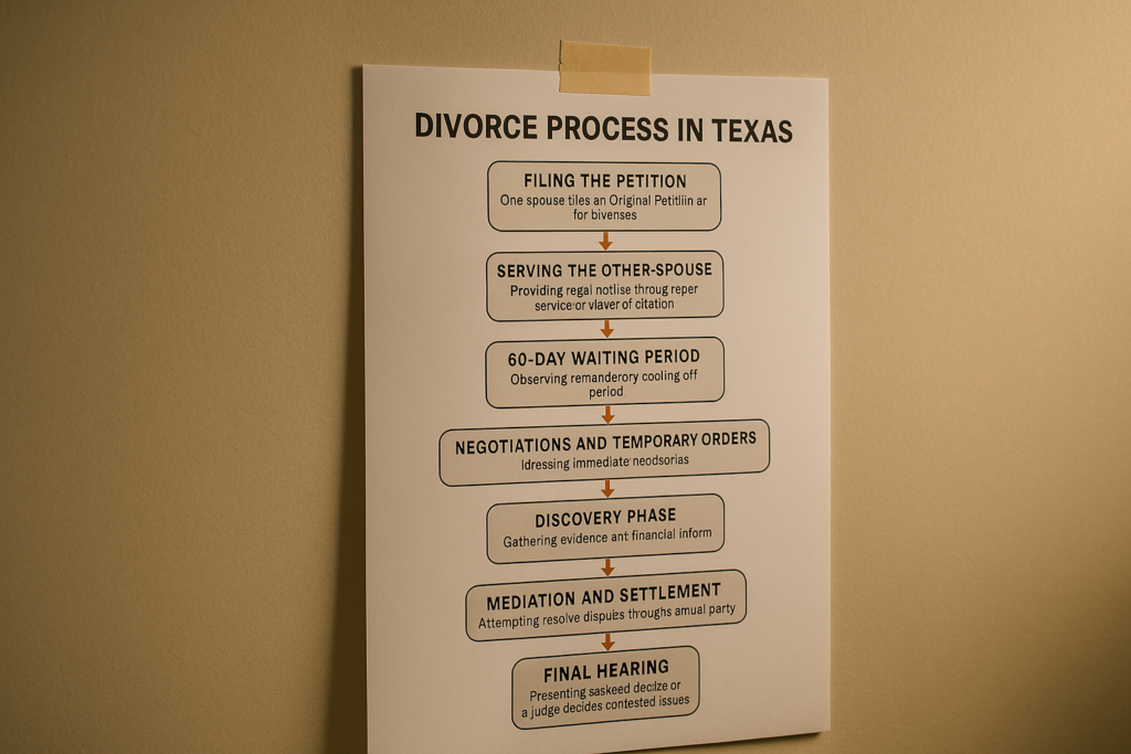 A printed flowchart outlining the divorce process in Texas taped to a beige wall, showing each step of the legal process in a simple visual layout.
