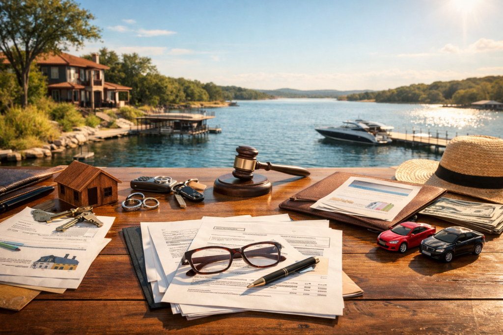 Wide-angle, photo-realistic cinematic summer scene showing Texas divorce paperwork spread across a wooden table overlooking a sunny lakeside home and dock, with a judge’s gavel, wedding rings, house keys, model cars, cash, and legal documents symbolizing property division, real estate, and retirement assets in a Texas divorce agreement.