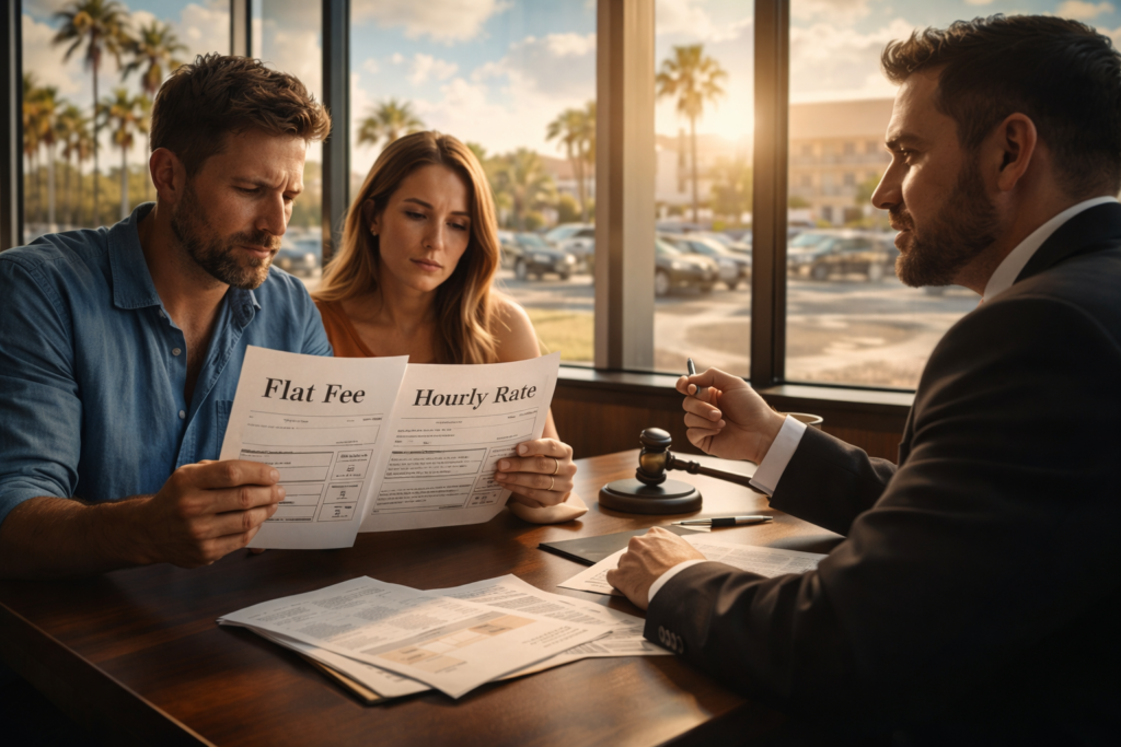 A Texas couple meets with a family law attorney in a sunlit office, reviewing documents comparing flat fee and hourly rate child support options.