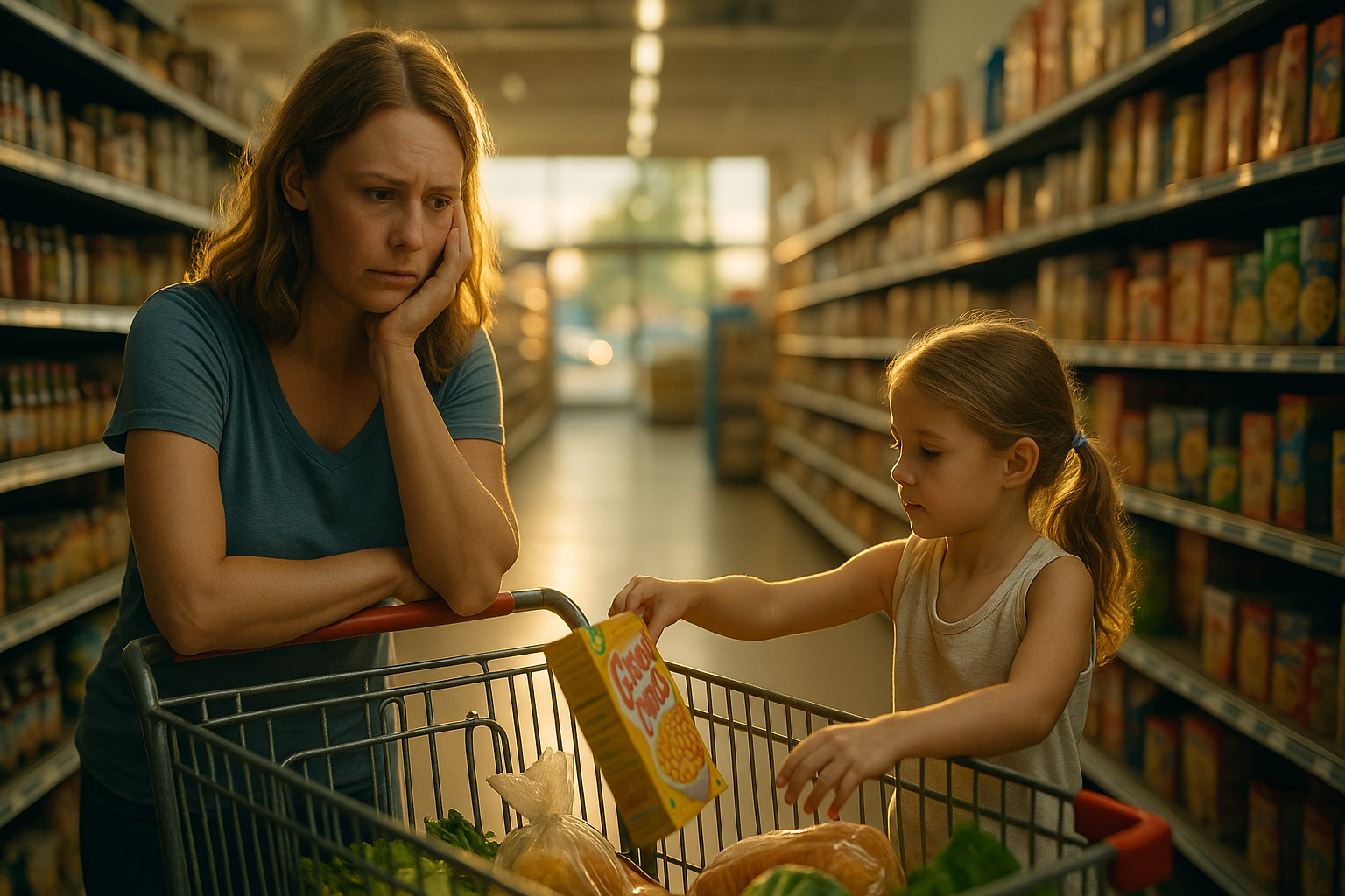 A concerned mother in a grocery store watching her young daughter place cereal in the cart, illustrating financial stress from unpaid child support.