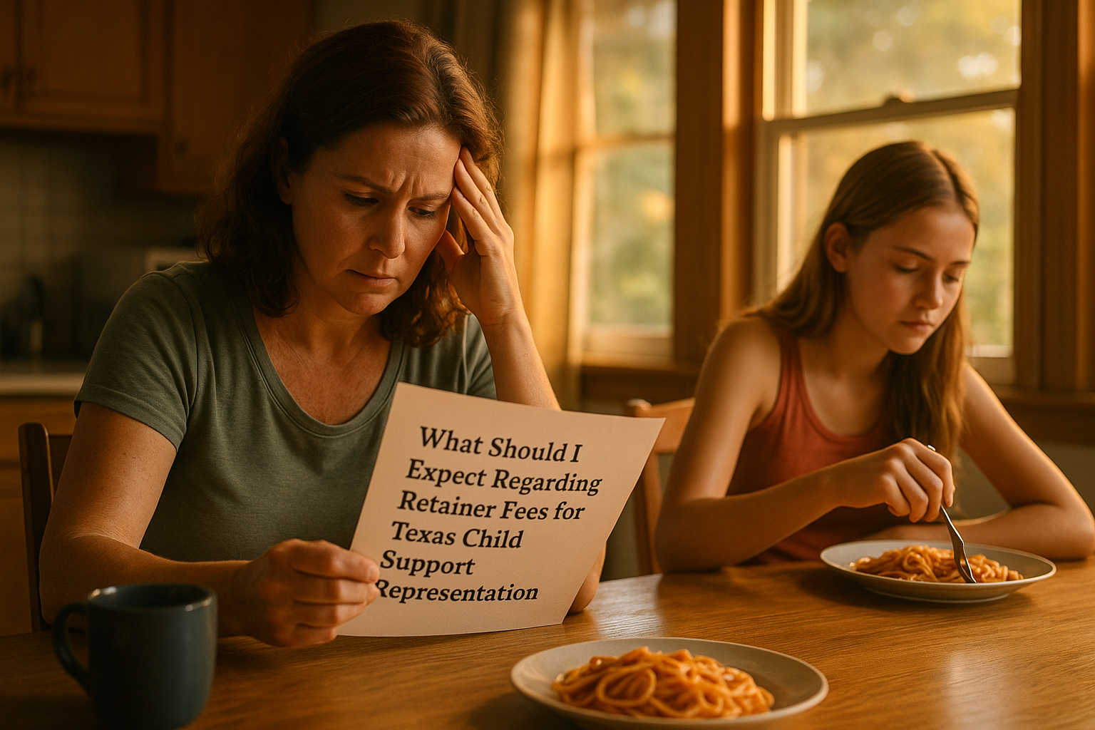 A mother reviewing child support retainer fee paperwork at the dinner table while her daughter eats beside her, reflecting the stress of navigating Texas family law.