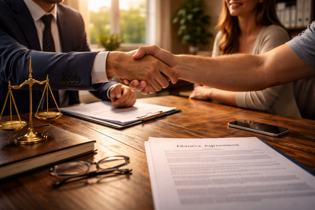 The image depicts a friendly handshake between two individuals in a professional environment, symbolizing cooperation and agreement, which can be essential in legal matters such as divorce or child custody arrangements. The scene conveys a sense of mutual respect and partnership in navigating complex issues related to family law.