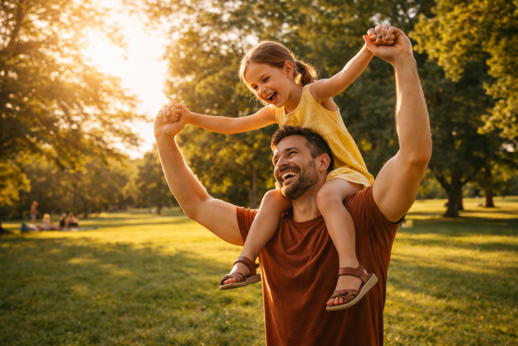 A parent and child are joyfully playing together in a sunny park, surrounded by green grass and trees, showcasing the importance of quality time amidst the complexities of family law cases, such as child custody and support during divorce in Texas. The scene emphasizes the bond between them, reminding us of the emotional aspects involved when children are part of the divorce process.