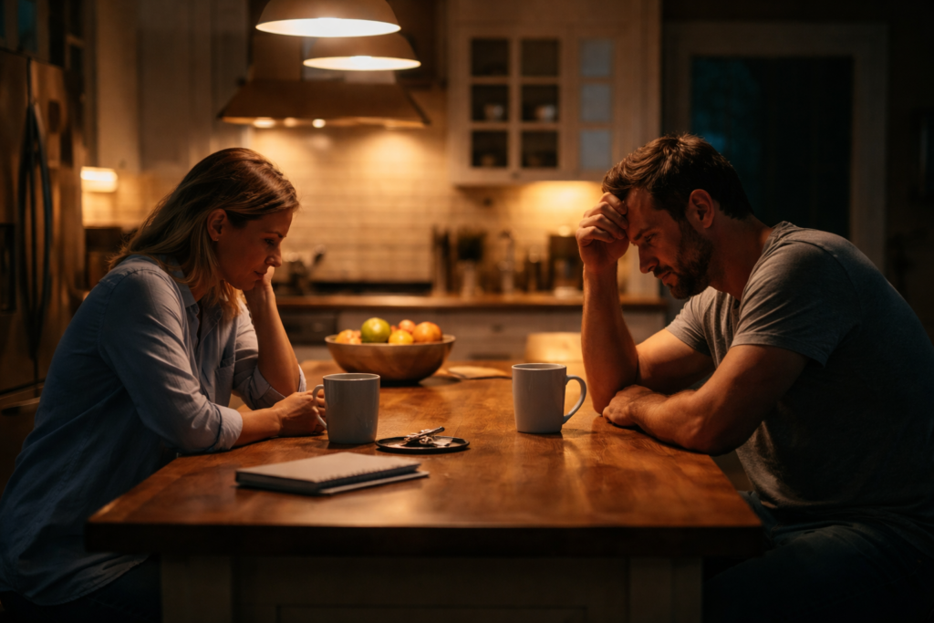 A couple sitting quietly at a kitchen table late at night, reflecting on a difficult conversation during a marriage transition in Texas.