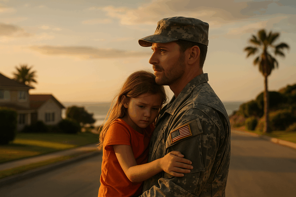 A military father in uniform holding his young daughter at sunset in a quiet neighborhood, symbolizing the challenges military dads face during custody and deployment.