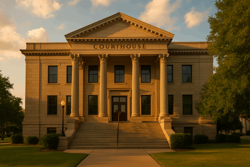 The image depicts a Texas courthouse building, symbolizing the legal system where child support matters, such as child support payments and disputes, are resolved. This venue is crucial for family law cases, providing a space for legal representation and ensuring the well-being of children involved in child support arrangements.