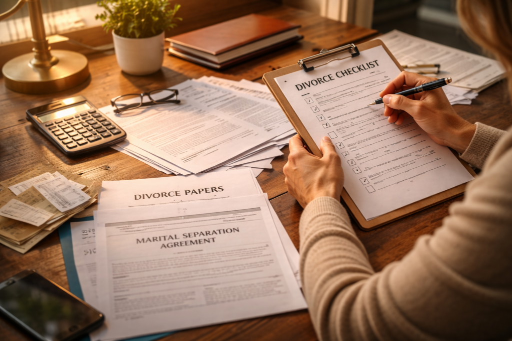 The image shows a person sitting at a desk, meticulously organizing various financial documents and a checklist, possibly related to the divorce process, including items like divorce papers and a marital separation agreement. This setup suggests preparation for an uncontested divorce or property settlement agreement, highlighting the importance of having all necessary documents in order.