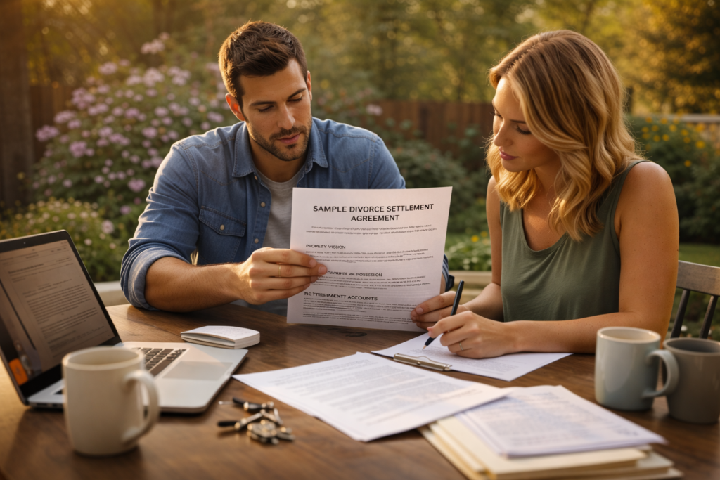 A couple reviewing a sample divorce settlement agreement together at an outdoor table, discussing terms in a calm and cooperative setting.