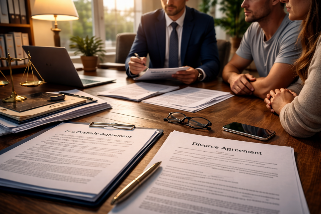 The image depicts a professional office meeting scene with a desk cluttered with various legal documents, a laptop, and a cover sheet, suggesting discussions around issues like divorce, child custody, or legal separation. The setting conveys a serious atmosphere where important decisions regarding family law and agreements are being made.