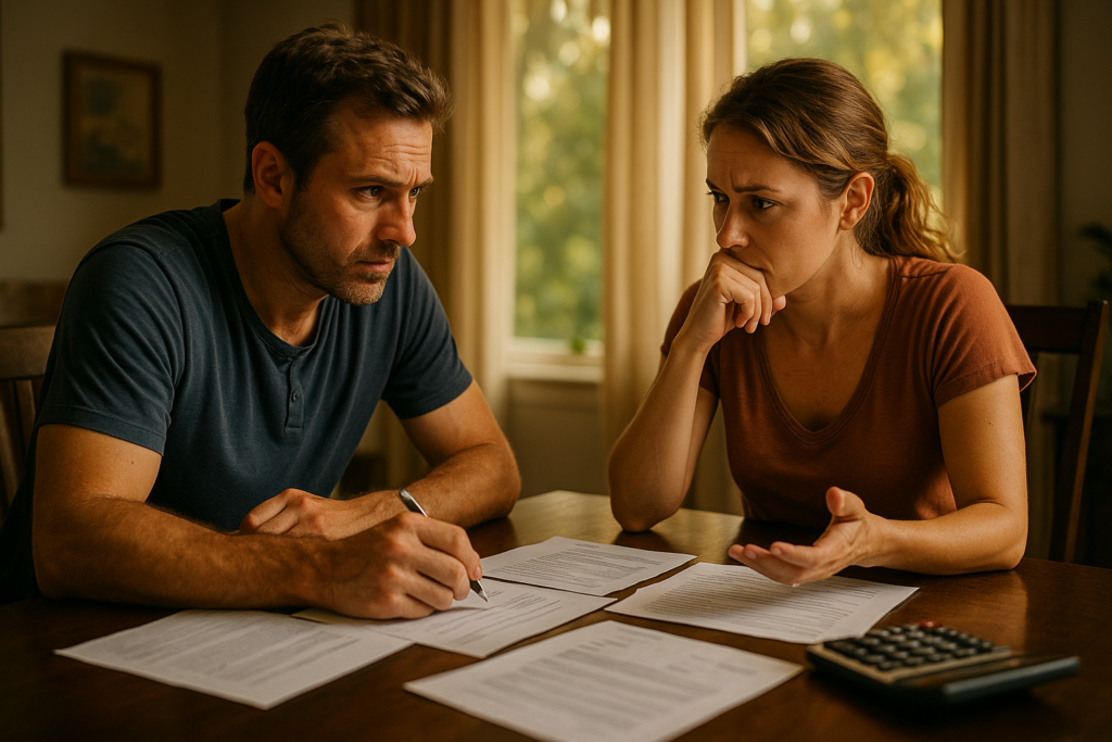 The image shows two parents seated at a table, surrounded by documents and a calculator, engaged in a serious discussion about finances, likely related to child support obligations and agreements. Their focused expressions suggest they are working to resolve potential child support disputes and ensure financial stability for their child's well-being.