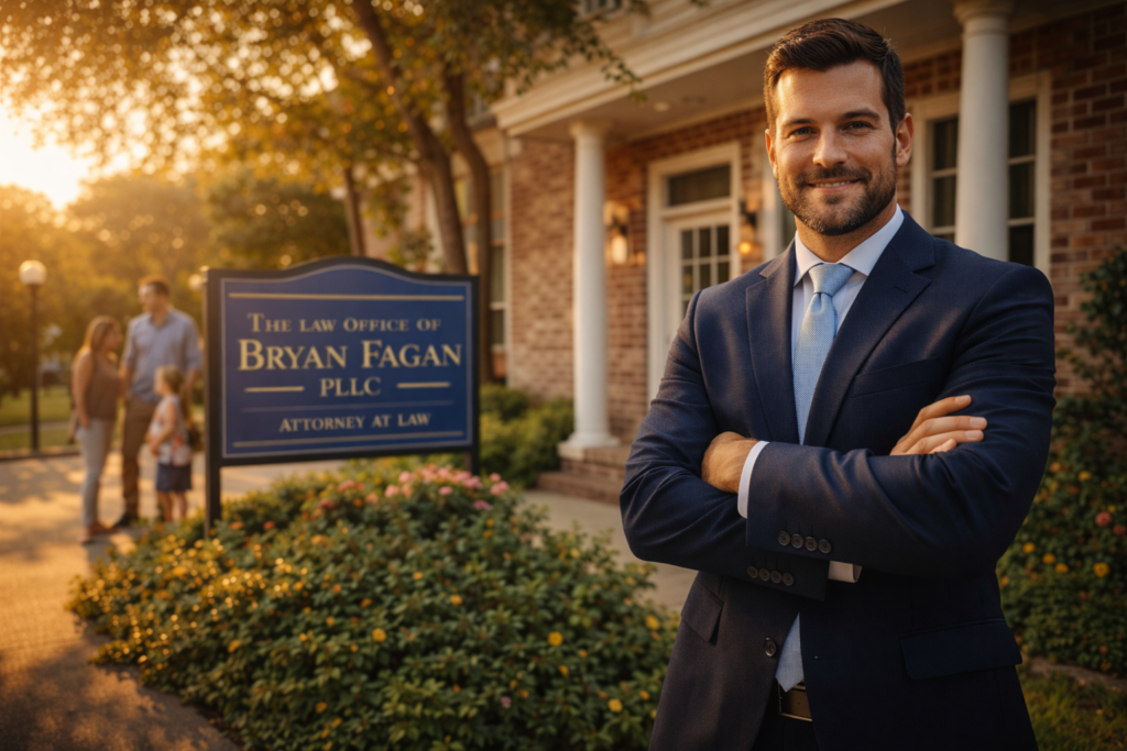 A Texas family law attorney standing confidently outside a law office on a sunny afternoon, representing professional and compassionate legal guidance for families.
