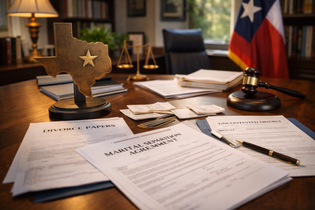 The image depicts a professional office setting featuring a Texas state symbol alongside various legal documents related to divorce, such as uncontested divorce forms and marital separation agreements. It conveys a sense of organization and preparedness for the divorce process, highlighting the importance of proper documentation in legal matters like child custody and property settlement agreements.