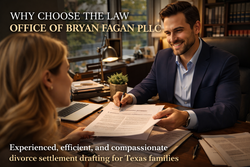 A wide-angle, photo-realistic image of a Texas family law attorney meeting with a client in a modern office, reviewing divorce settlement documents in warm summer light, conveying professionalism, compassion, and guidance during a divorce process.