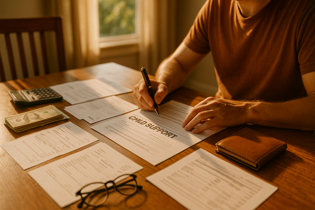 A parent is seated at a table, carefully reviewing child support documents and financial paperwork at home, focusing on details related to their child support obligations and the legal process involved in ensuring their child's financial future. The scene highlights the importance of understanding child support arrangements and the potential challenges that may arise in child support cases.