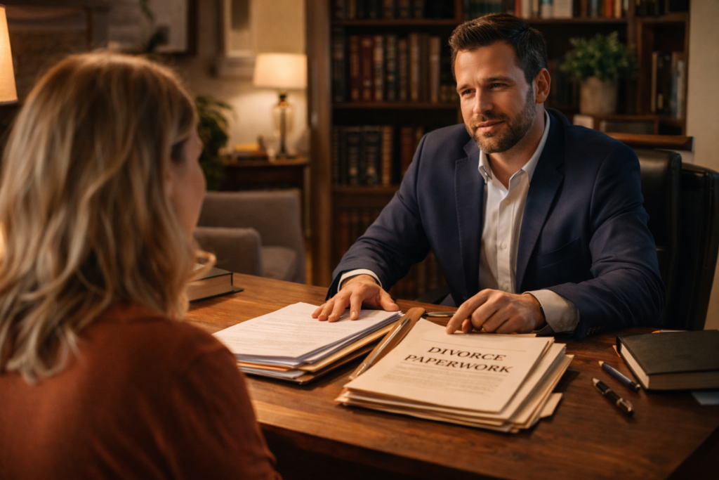 The image depicts a professional consultation in a comfortable office setting, where an attorney discusses the divorce process with a client. The atmosphere is calm and inviting, suitable for addressing sensitive topics such as child custody, spousal support, and the necessary divorce paperwork under Texas law.