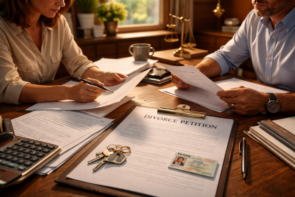 In a professional office setting, two individuals are collaboratively reviewing legal documents, likely related to divorce proceedings. The atmosphere suggests a focus on family law matters, such as child custody and residency requirements under Texas law.