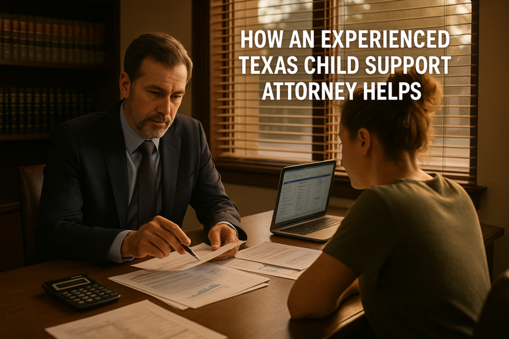 An attorney meets with a client in a warmly lit office, reviewing financial documents and child support calculations together, with a laptop and paperwork spread across the desk in a wide-angle, cinematic scene.