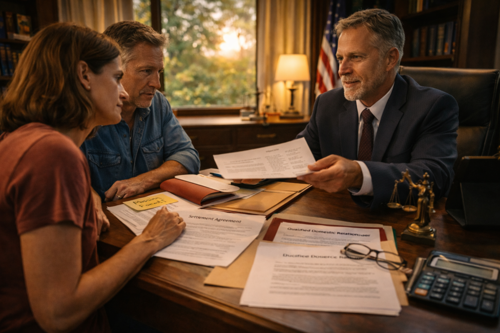 A couple meets with a Texas divorce attorney in a warmly lit office, reviewing settlement agreements and legal documents that highlight why professional representation is important even in an uncontested divorce.