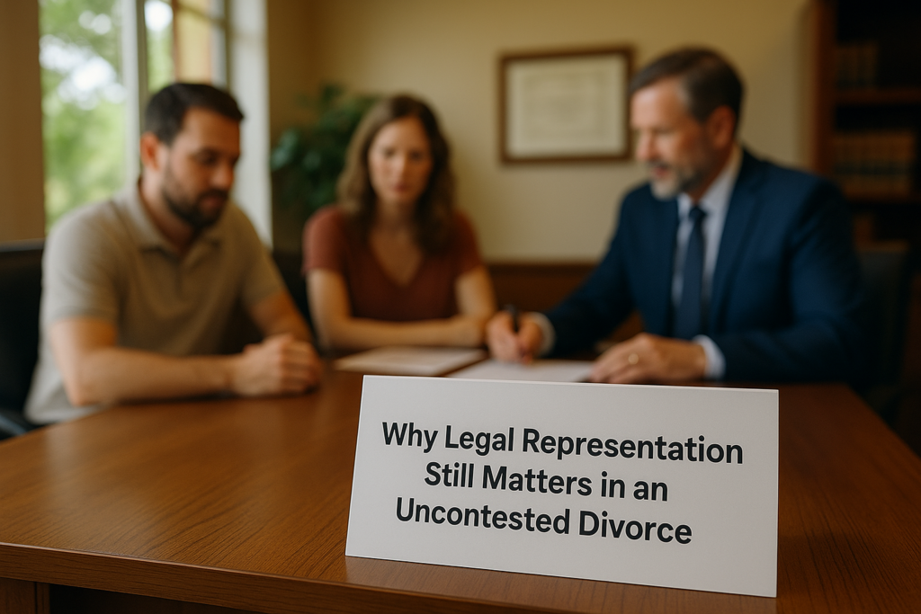 A wide-angle view of a law office where a couple meets with a divorce attorney, who reviews documents at a wooden table, illustrating why legal representation is important even in uncontested Texas divorce cases.