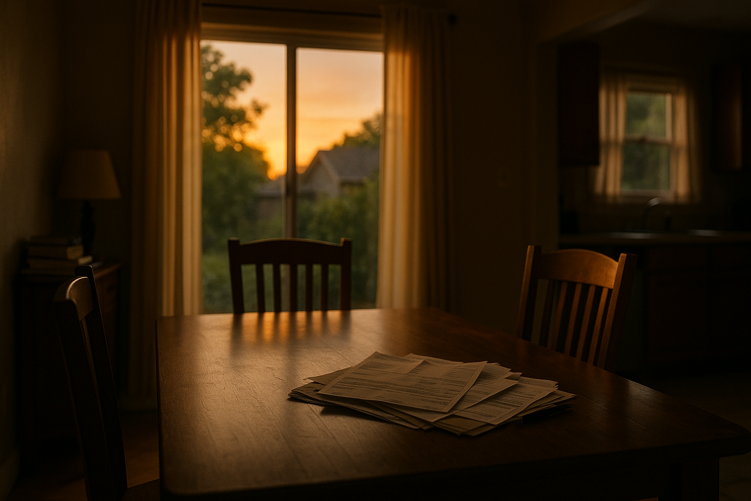 A quiet dining room at sunset with an empty chair and unpaid bills on the table, symbolizing the financial and emotional weight parents carry during child support and family law challenges in Texas.