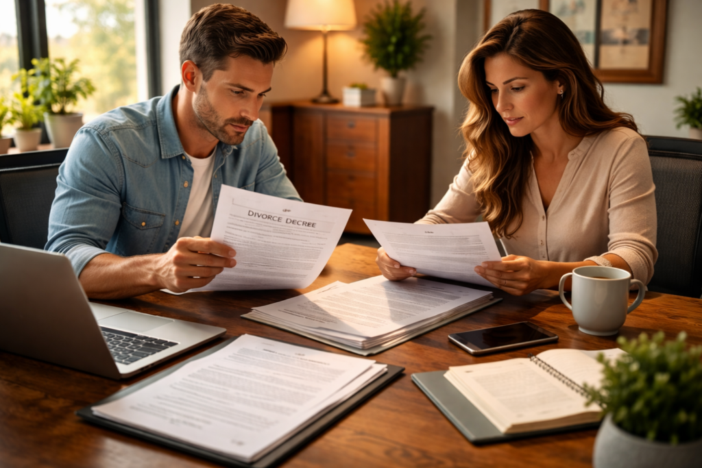 In a modern office environment, two professionals are collaborating over paperwork, likely discussing important documents related to family law matters such as a divorce petition or divorce decree. Their focused expressions suggest they are navigating the legal process of an uncontested divorce in Texas.