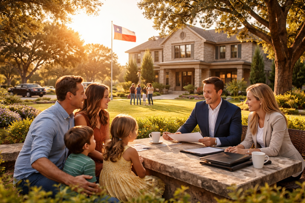 Wide-angle, photo-realistic cinematic summer scene of Texas parents meeting with experienced child support attorneys outdoors at a stone table, surrounded by trees, warm sunlight, and a professional law office setting, conveying trust, confidence, and family-focused legal guidance in Texas.