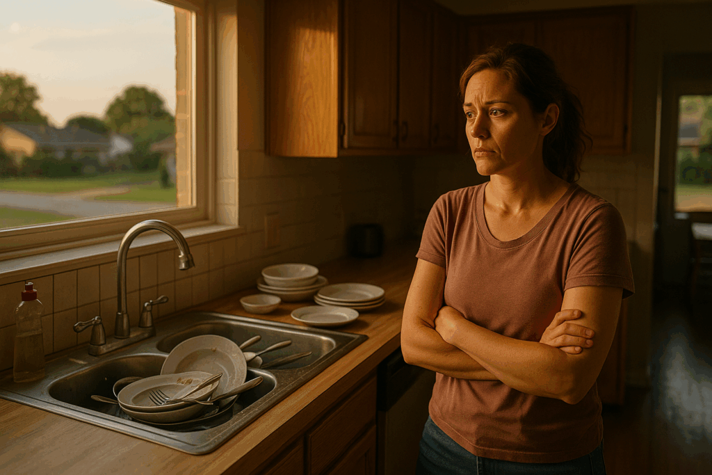 A tired Texas mother standing in a sunlit kitchen, looking stressed while staring at a sink full of dishes, reflecting the emotions parents feel during child support and custody transitions.