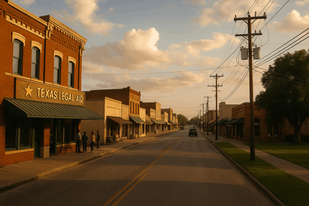A wide-angle, cinematic summer scene of a quiet Texas small-town street with a “Texas Legal Aid” office on the corner, warm golden light, and a few people standing outside, symbolizing accessible legal services for low-income families.