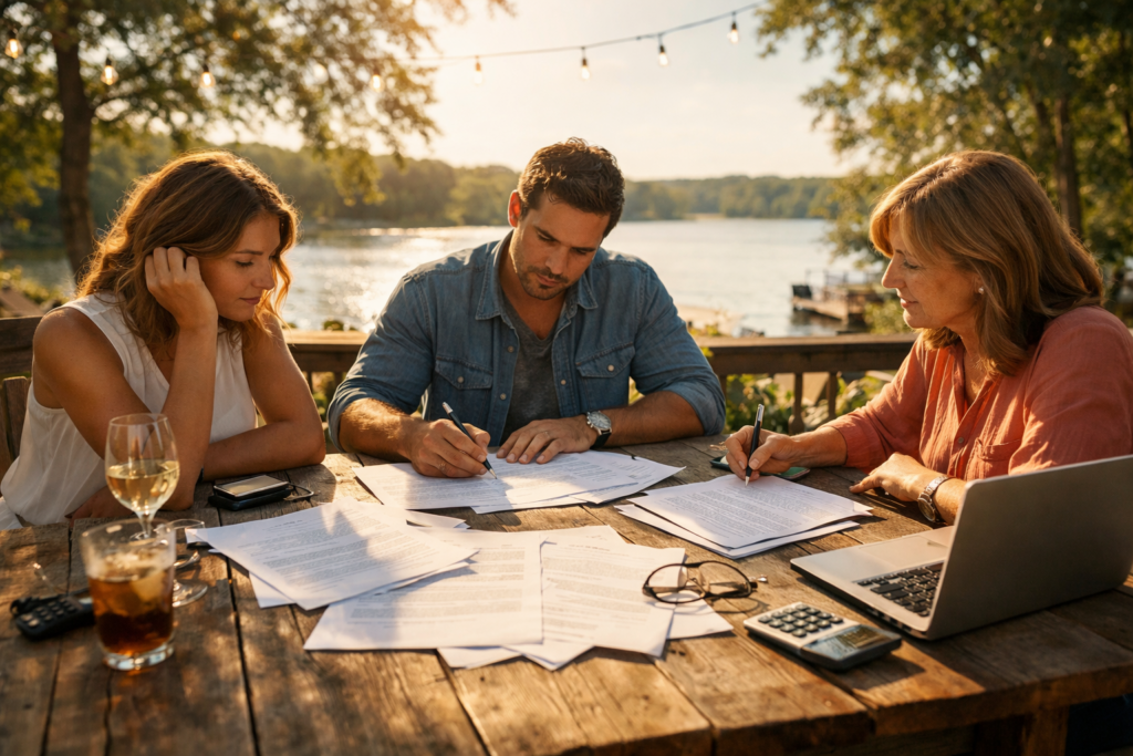 Couple and mediator reviewing and signing divorce agreement documents at an outdoor table on a sunny summer afternoon by the lake